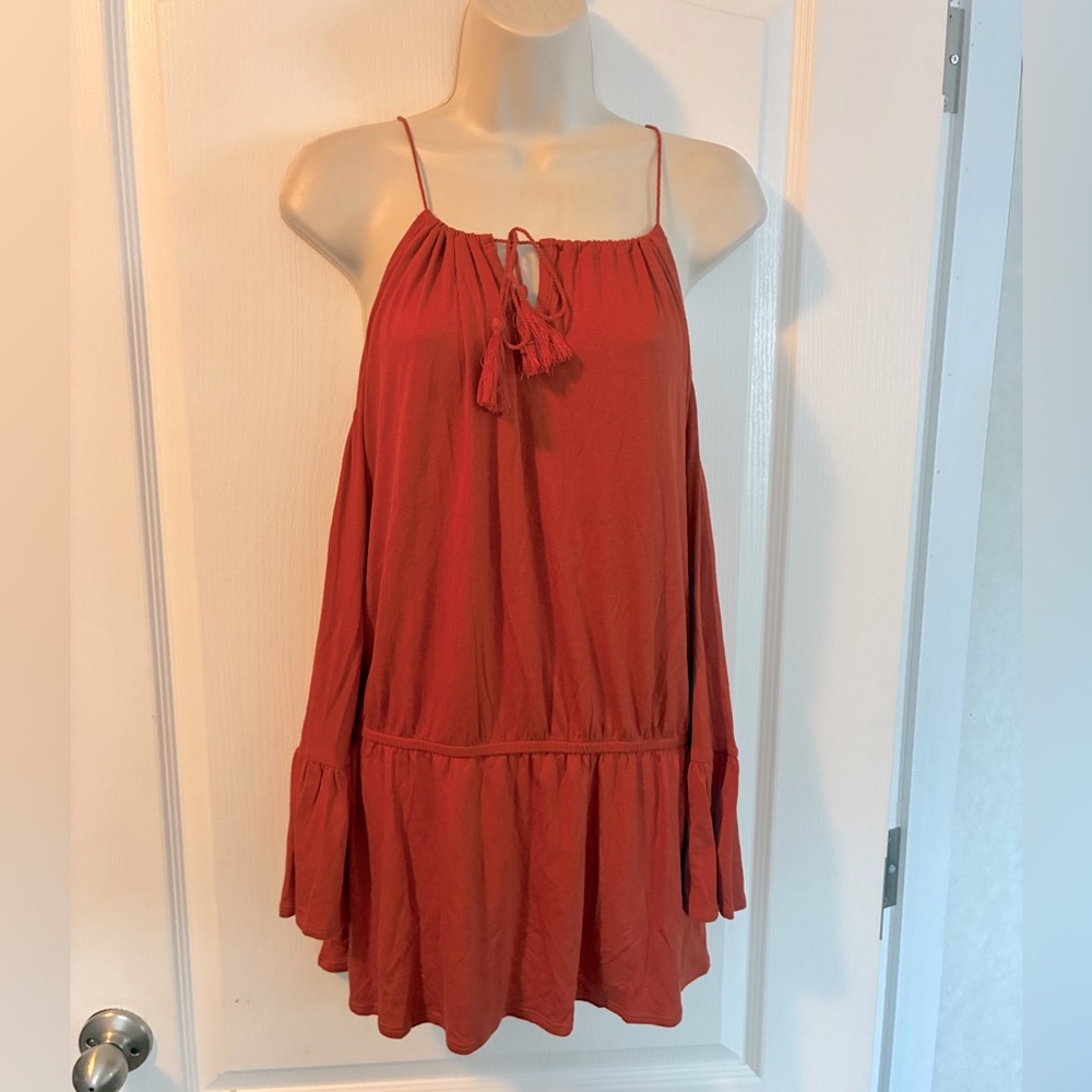 CATO Women’s Rust Orange Cold Shoulder Bell Sleeve Flowy Top with Tassels NWT Lg